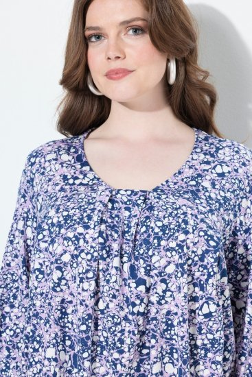 Ulla Popken Allover Printed Pleated Long Sleeve Tee Dark Blue - T-shirt stampate da donna - T-shirt con Stampa da Donna