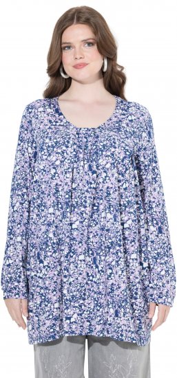 Ulla Popken Allover Printed Pleated Long Sleeve Tee Dark Blue - T-shirt stampate da donna - 