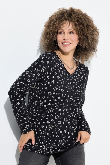 Ulla Popken Allover Printed Long Sleeve Tee Black - T-shirt stampate da donna - T-shirt con Stampa da Donna
