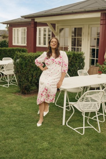 Kaffe Curve Rosa Midi Dress White Rose Border Flower - Abiti - 