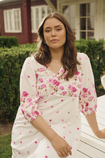 Kaffe Curve Rosa Midi Dress White Rose Border Flower - Abiti - 