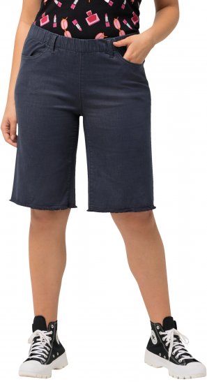Ulla Popken Frayed Hemline Elastic Waistband Bermuda Shorts Navy - Jeans & Pantaloni Donna Taglie Comode – Plus Size - 