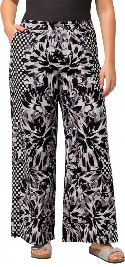 Ulla Popken Checkered Floral Elastic Waist Palazzo Paints Black - Jeans & Pantaloni Donna Taglie Comode – Plus Size - 