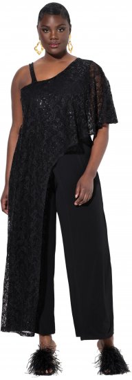 Ulla Popken Asymmetric Lace Panel Jumpsuit Black - Jeans & Pantaloni Donna Taglie Comode – Plus Size - Jeans e Pantaloni Donna, EU 42-70