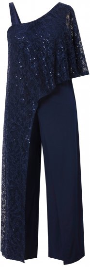 Ulla Popken Asymmetric Lace Panel Jumpsuit Navy - Jeans & Pantaloni Donna Taglie Comode – Plus Size - 
