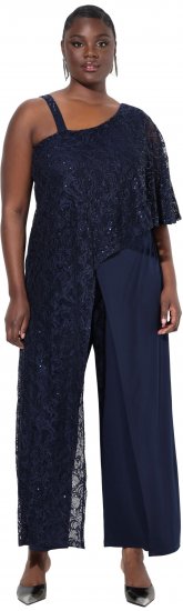 Ulla Popken Asymmetric Lace Panel Jumpsuit Navy - Jeans & Pantaloni Donna Taglie Comode – Plus Size - 