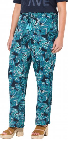 Ulla Popken Tropical Leaf Print Elastic Waist Pants Blue - Jeans & Pantaloni Donna Taglie Comode – Plus Size - 