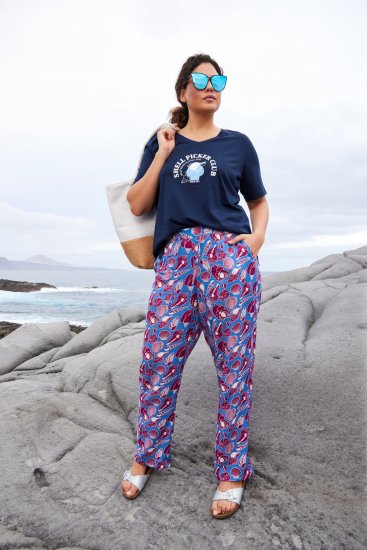 Ulla Popken Seashell Print Elastic Waist Pants Blue - Jeans & Pantaloni Donna Taglie Comode – Plus Size - 