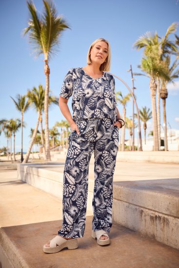 Ulla Popken Feather Print Elastic Waist Pants Blue - Jeans & Pantaloni Donna Taglie Comode – Plus Size - 