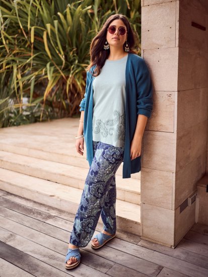 Ulla Popken Patchwork Paisley Elastic Waist Pants Blue - Jeans & Pantaloni Donna Taglie Comode – Plus Size - 