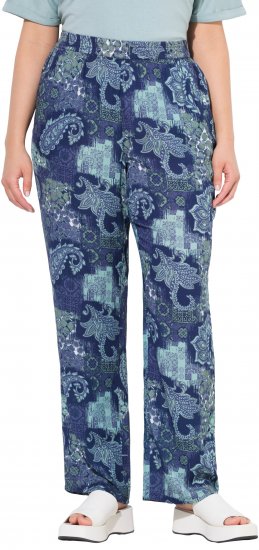 Ulla Popken Patchwork Paisley Elastic Waist Pants Blue - Jeans & Pantaloni Donna Taglie Comode – Plus Size - 