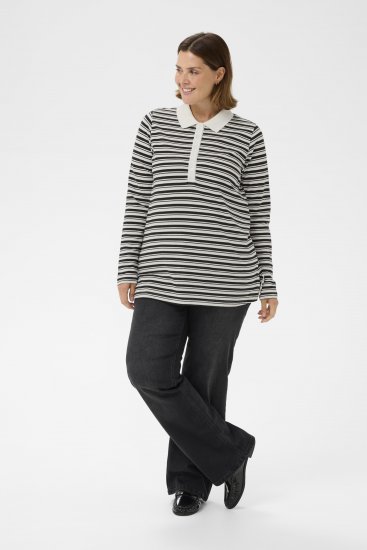 Kaffe Curve Miana Long Sleeve Polo Chalk with Black Stripe - Polo - 