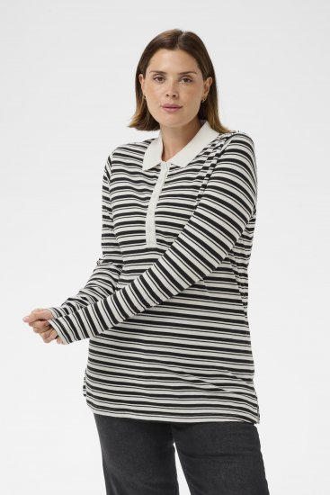 Kaffe Curve Miana Long Sleeve Polo Chalk with Black Stripe - Polo - 