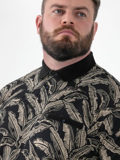D555 Palmer Leaf Printed Jacquard Collar & Cuff Chest Pocket Polo Black - Polo - Polo Uomo Taglie Forti