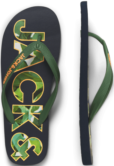 Jack & Jones Logo Palm Print Flip Flop Slippers Navy Blazer/Verdant Green - Scarpe da uomo 40-52 - 
