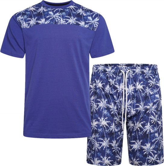 Kam Jeans 5002 Palm Tree Panel Tee And Short Set Electric Blue - Magliette - Magliette Uomo Taglie Forti