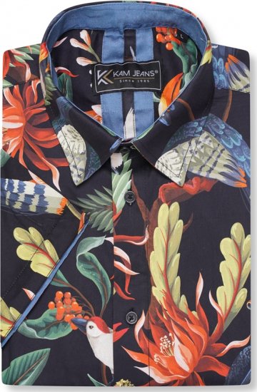 Kam Jeans 6066 Bird Print Short Sleeve Shirt Navy - Camicie - Camicie Taglie Forti Uomo