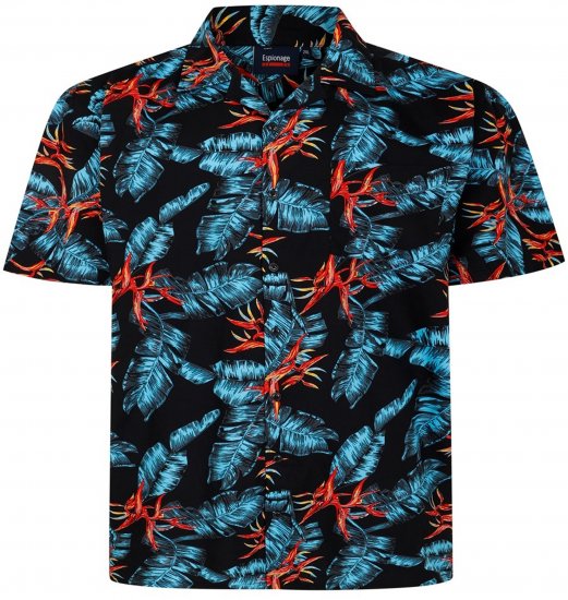 Espionage SH435 All Over Leaf Print Short Sleeve Shirt Black - Camicie a maniche corte - Camicie Uomo Maniche Corte Taglie Forti