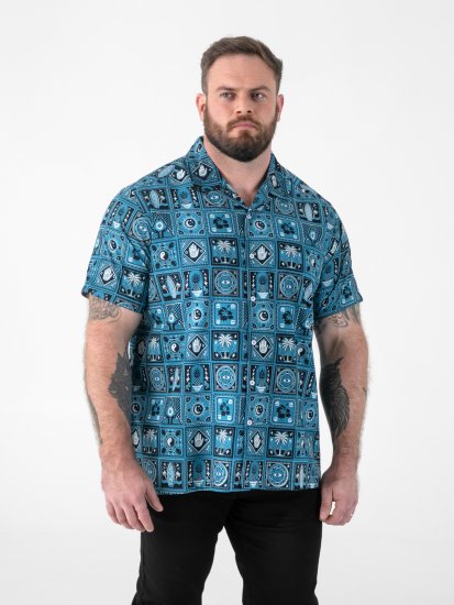 D555 Hawkins Printed Cuban Collar Resort Short Sleeve Shirt Teal - Camicie - Camicie Taglie Forti Uomo