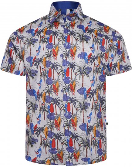Kam Jeans 6060 Palm Tree and Surf Boards Short Sleeve Shirt White - Camicie - Camicie Taglie Forti Uomo