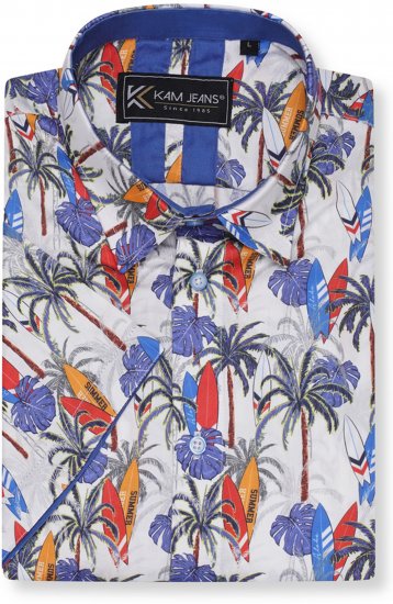 Kam Jeans 6060 Palm Tree and Surf Boards Short Sleeve Shirt White - Camicie - Camicie Taglie Forti Uomo