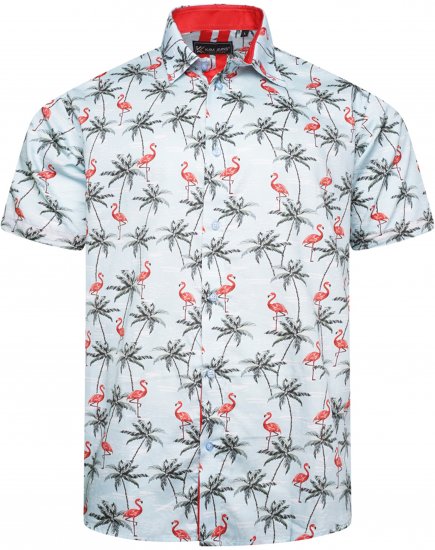 Kam Jeans 6067 Flamingo and Palm Tree Short Sleeve Shirt Blue - Camicie - Camicie Taglie Forti Uomo