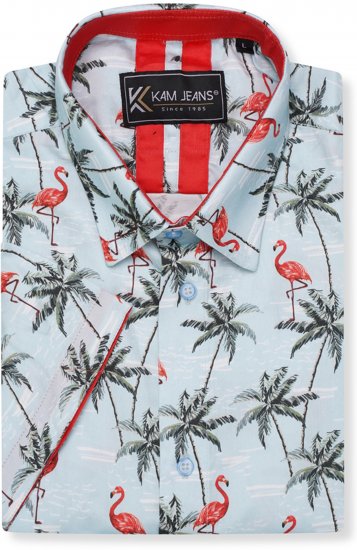 Kam Jeans 6067 Flamingo and Palm Tree Short Sleeve Shirt Blue - Camicie - Camicie Taglie Forti Uomo
