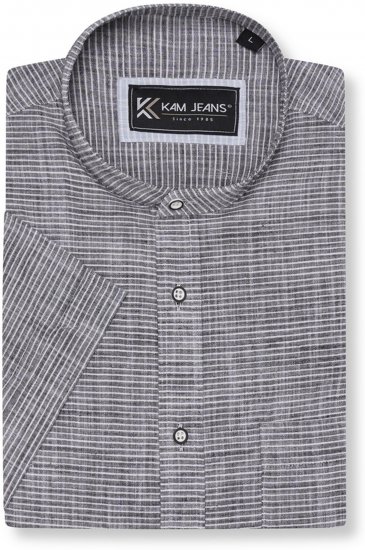 Kam Jeans 6334 Striped Grandad Short Sleeve Shirt Charcoal - Camicie - Camicie Taglie Forti Uomo