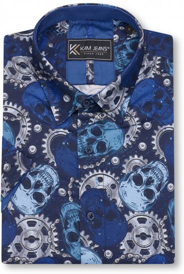 Kam Jeans 6070 Retro Skull Short Sleeve Shirt Navy - Camicie - Camicie Taglie Forti Uomo