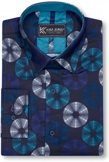 Kam Jeans 6071 Record Print Long Sleeve Shirt Navy - Camicie - Camicie Taglie Forti Uomo