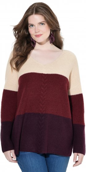 Ulla Popken Cable Knit Block Stripe V-Neck Sweater Dark Ruby - Felpe & felpe con cappuccio - 