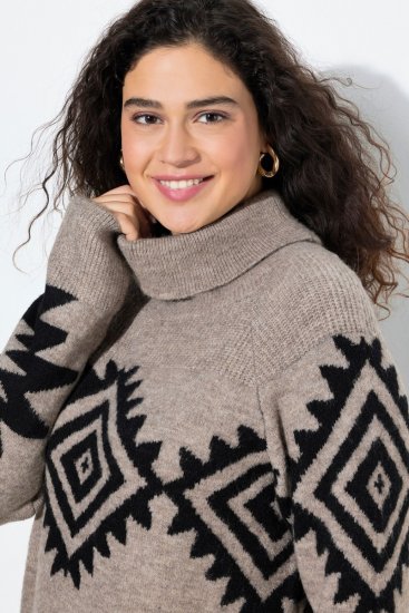 Ulla Popken Aztec Pattern Turtleneck Sweater Pebble Grey - Felpe & felpe con cappuccio - Felpe, Hoodie e Maglieria Calda