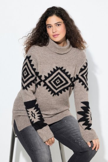 Ulla Popken Aztec Pattern Turtleneck Sweater Pebble Grey - Felpe & felpe con cappuccio - Felpe, Hoodie e Maglieria Calda