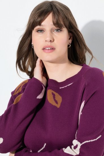 Ulla Popken Eco Cotton Leaf Pattern Long Sleeve Sweater Forest Berry - Felpe & felpe con cappuccio - Felpe, Hoodie e Maglieria Calda