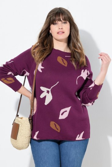 Ulla Popken Eco Cotton Leaf Pattern Long Sleeve Sweater Forest Berry - Felpe & felpe con cappuccio - Felpe, Hoodie e Maglieria Calda