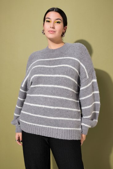 Ulla Popken Oversized Striped Balloon Sleeve Sweater Grey Melange - Felpe & felpe con cappuccio - 