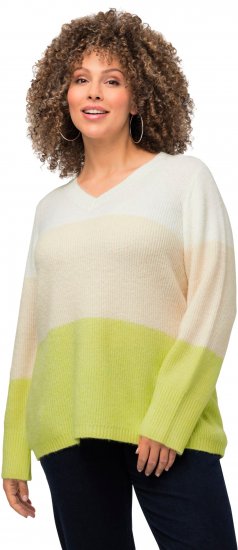 Ulla Popken Block Stripe Long Sleeve V-Neck Sweater Lime Green - Felpe & felpe con cappuccio - 