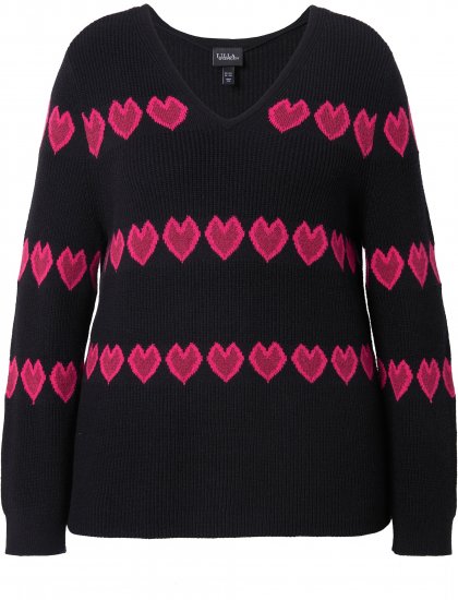 Ulla Popken Heart Print Long Sleeve V-Neck Sweater Black - Felpe & felpe con cappuccio - Felpe, Hoodie e Maglieria Calda