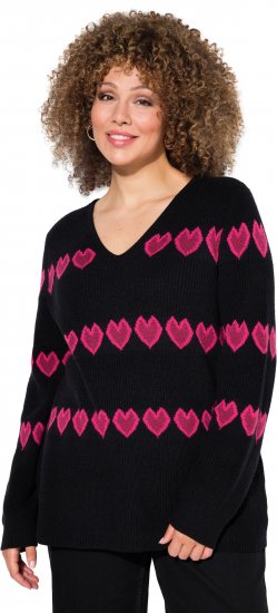 Ulla Popken Heart Print Long Sleeve V-Neck Sweater Black - Felpe & felpe con cappuccio - Felpe, Hoodie e Maglieria Calda