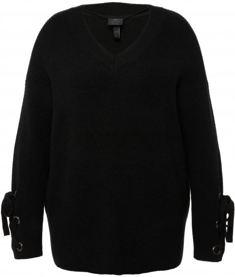 Ulla Popken Lace-Up Cuff Long Sleeve V-Neck Sweater Black - Felpe & felpe con cappuccio - 