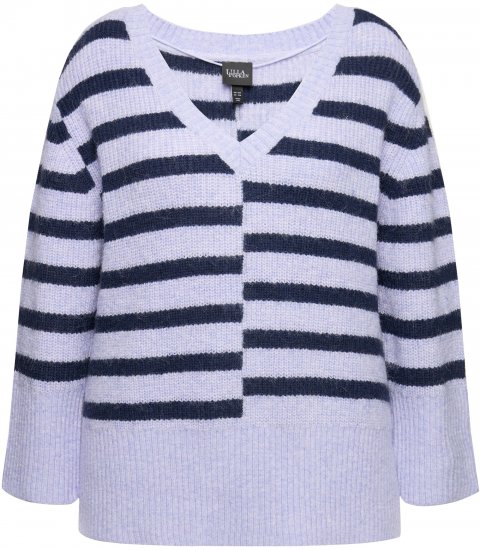 Ulla Popken Split Stripe Long Sleeve V-Neck Sweater Blue Grey - Felpe & felpe con cappuccio - 