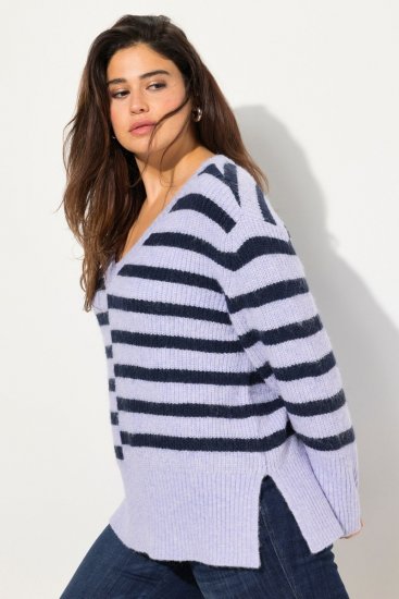 Ulla Popken Split Stripe Long Sleeve V-Neck Sweater Blue Grey - Felpe & felpe con cappuccio - Felpe, Hoodie e Maglieria Calda