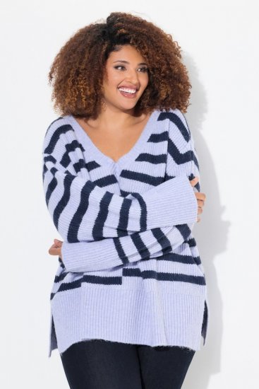 Ulla Popken Split Stripe Long Sleeve V-Neck Sweater Blue Grey - Felpe & felpe con cappuccio - Felpe, Hoodie e Maglieria Calda