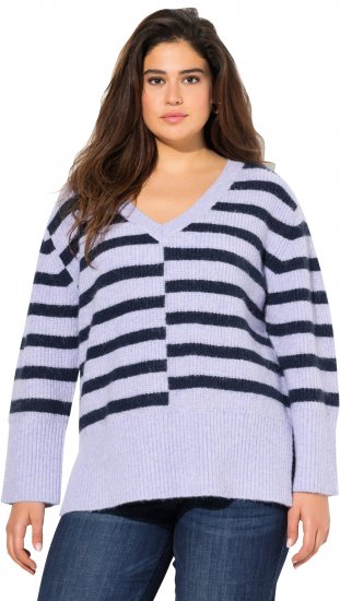 Ulla Popken Split Stripe Long Sleeve V-Neck Sweater Blue Grey - Felpe & felpe con cappuccio - 