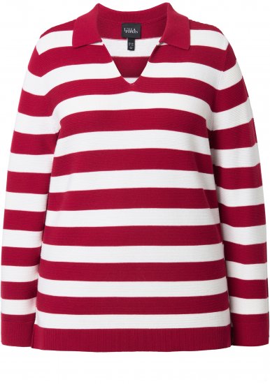 Ulla Popken Striped Polo Collar Long Sleeve Sweater Ruby Red - Felpe & felpe con cappuccio - 