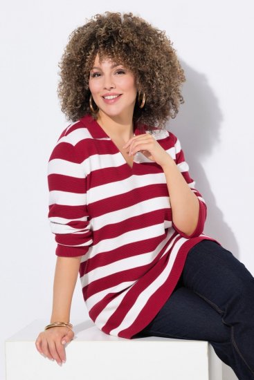 Ulla Popken Striped Polo Collar Long Sleeve Sweater Ruby Red - Felpe & felpe con cappuccio - Felpe, Hoodie e Maglieria Calda