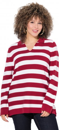 Ulla Popken Striped Polo Collar Long Sleeve Sweater Ruby Red - Felpe & felpe con cappuccio - 