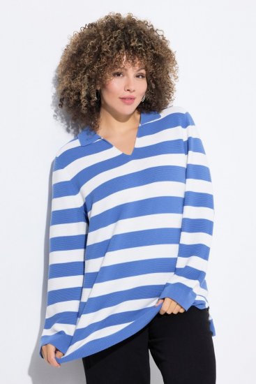 Ulla Popken Striped Polo Collar Long Sleeve Sweater Aegean Blue - Felpe & felpe con cappuccio - Felpe, Hoodie e Maglieria Calda
