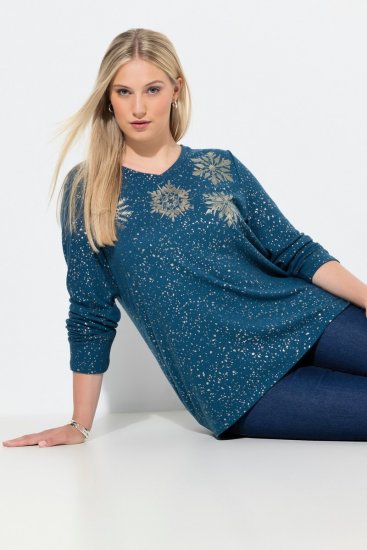 Ulla Popken Metallic Print Extra Soft Christmas Sweatshirt Petrol - Ulla Popken - Abbigliamento Taglie Forti Ulla Popken