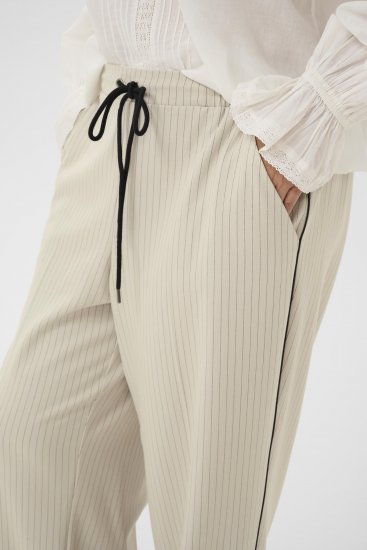 Kaffe Curve Sirana Pants Beige Melange/Black Stripe - Pantaloni in tessuto - 